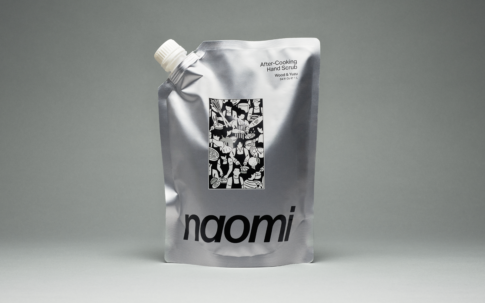 A bottle of amber-colored Naomi hand wash labeled 'Los Angeles Terroir' against a plain grey background.